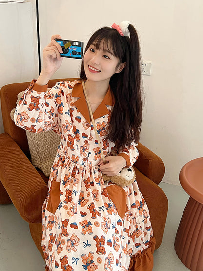 Mameya - Kawaii Bear Print Long-Sleeve Dress dress Mameya