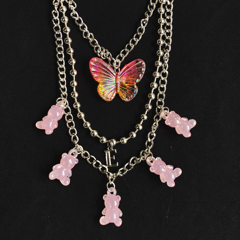StrangeLab 3-Piece Necklace Set | Candy Bear Y2K Necklace | Iridescent Butterfly Letter Necklace necklace strangelab