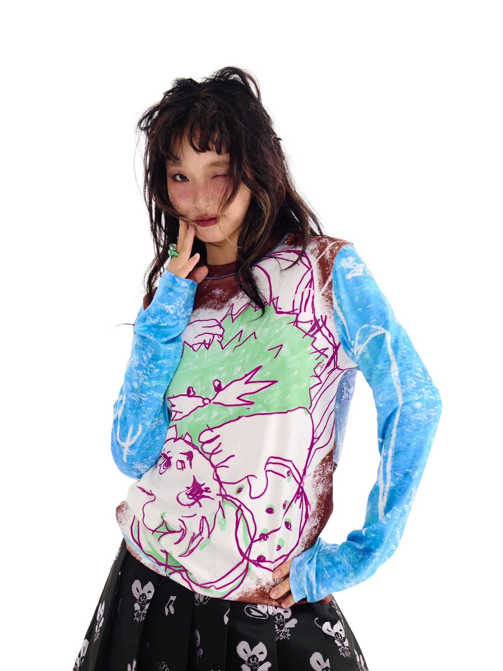 sillysis蓝色涂鸦印花宽松弹力针织长袖打底衫薄款T恤 shirt sillysis