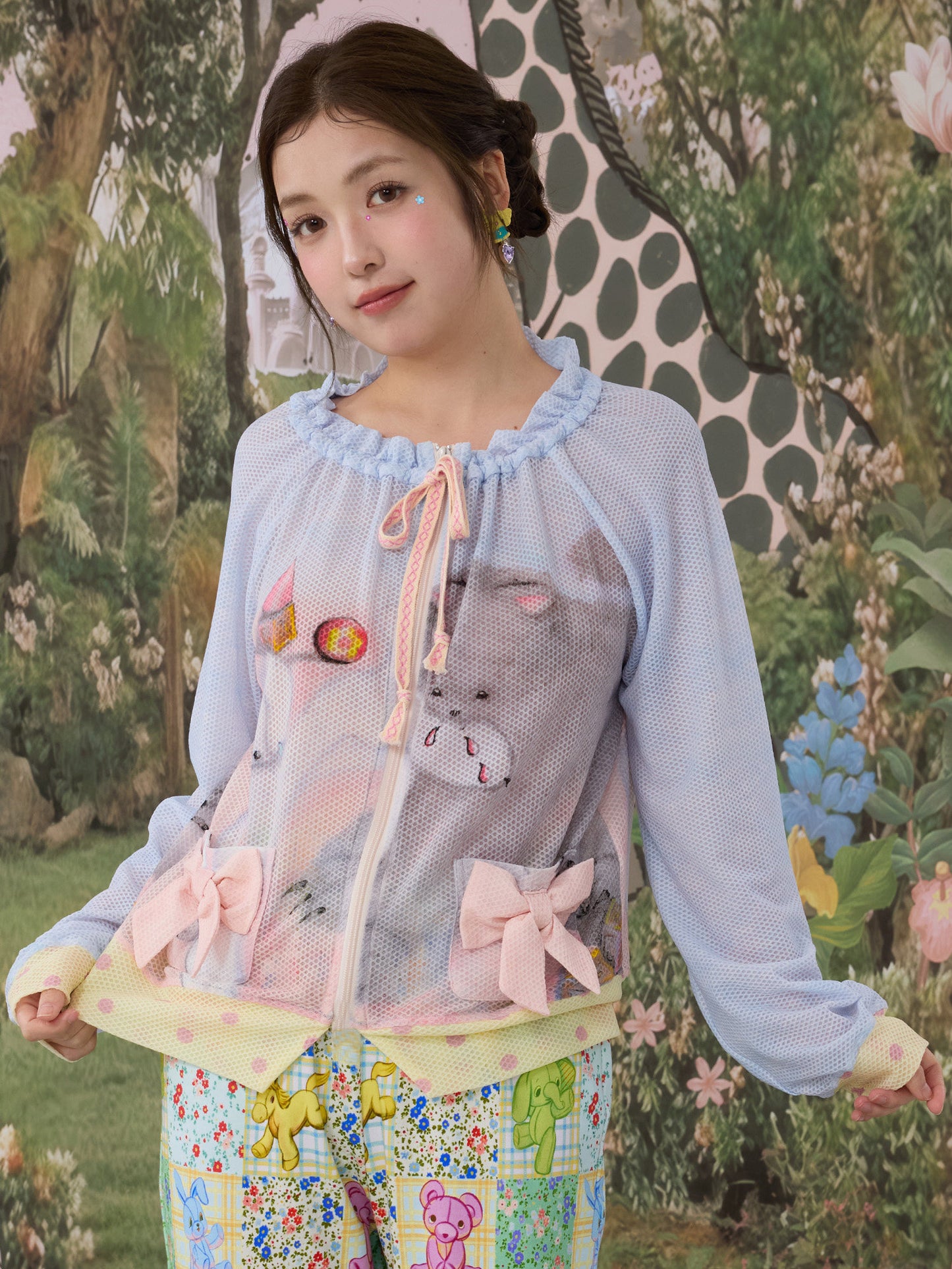 tntntutu - Mesh Print Zip Cardigan Jacket Land Decora