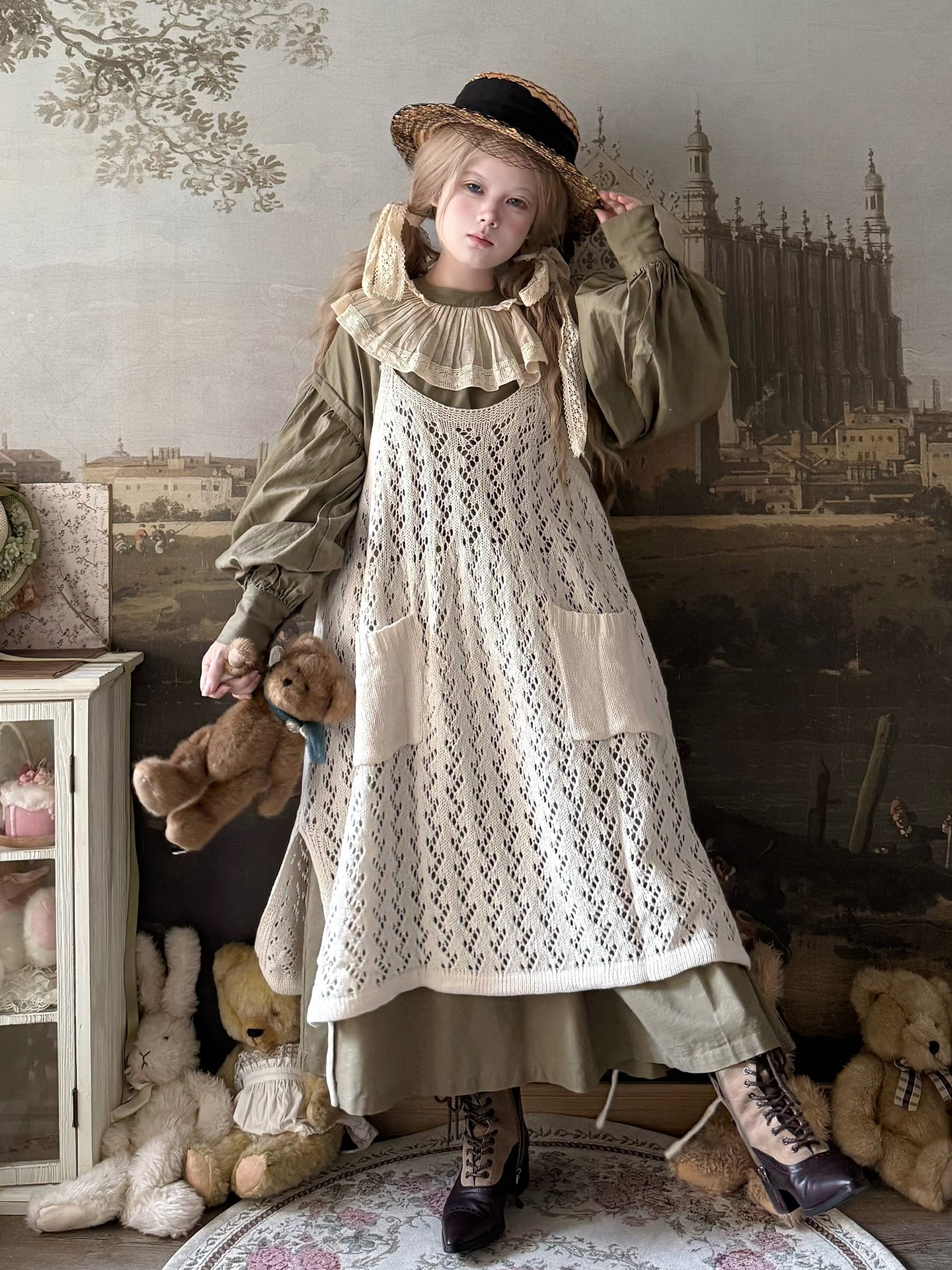 Labeau - Kawaii Retro Knit Hollow Strap Overlay Dress dress Labeau