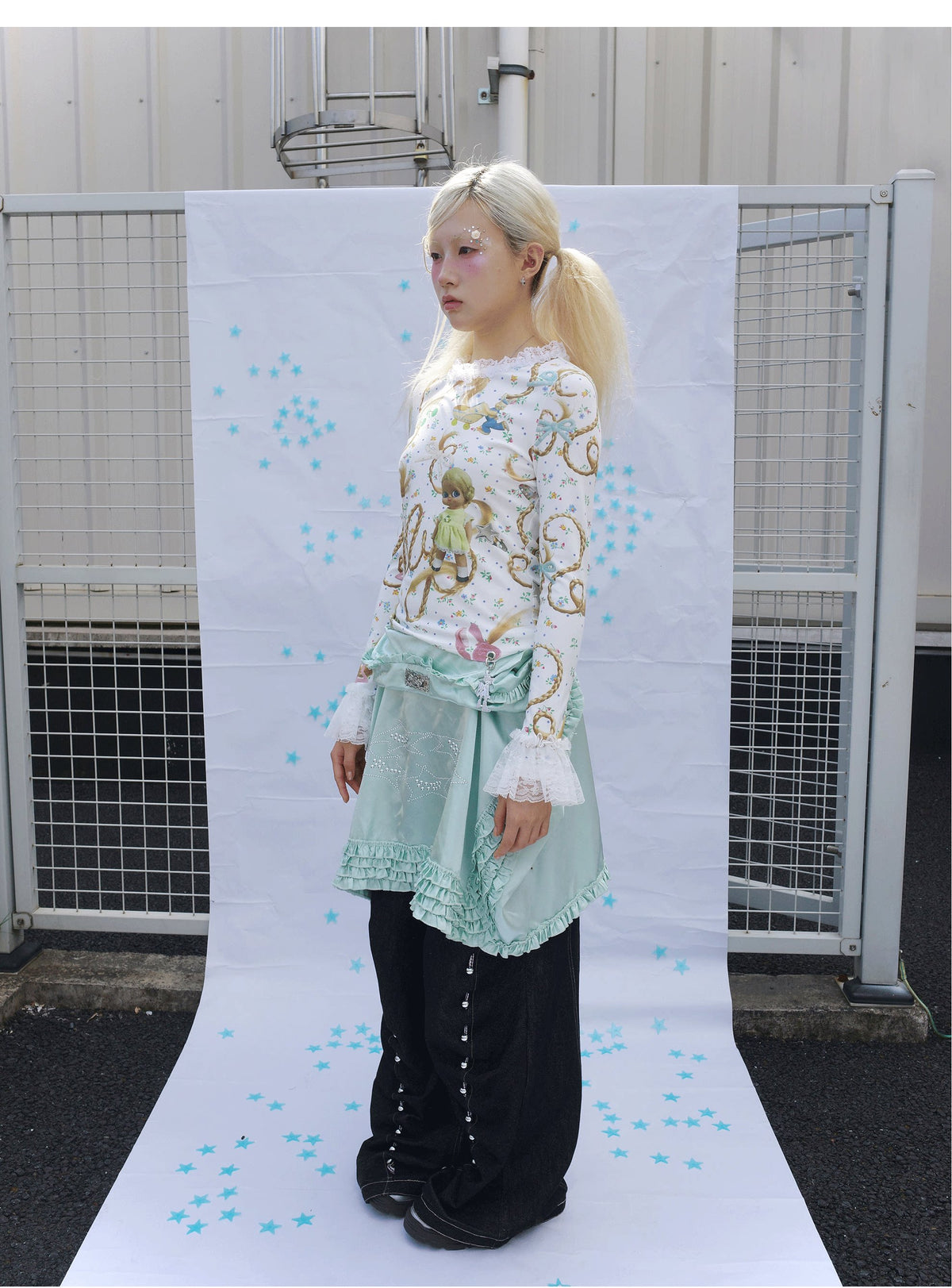 sillysis - Golden-Haired Girl Floral Ruffle Top shirt sillysis