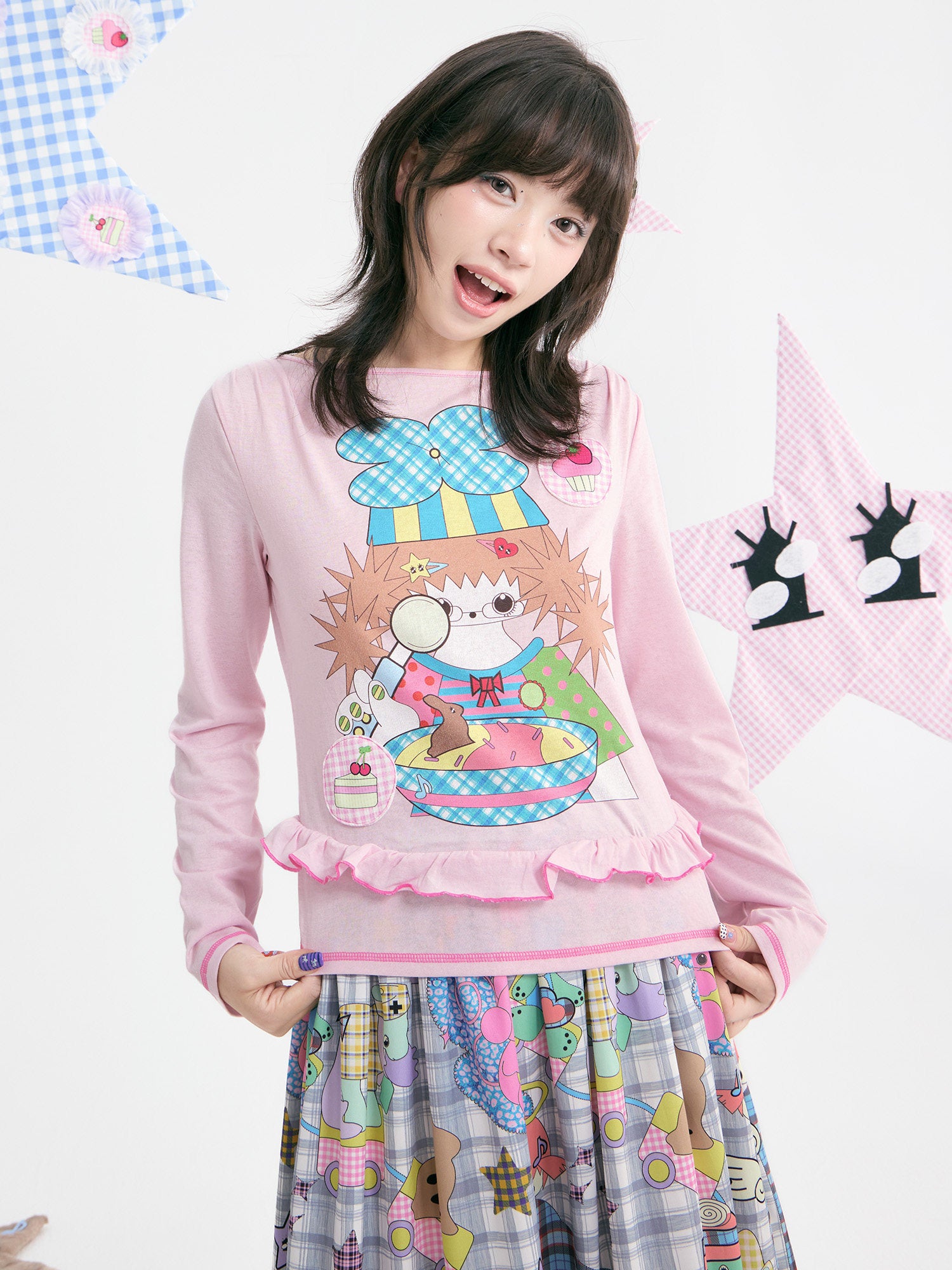 tntntutu - Pink Illustration Ruffle Long Sleeve Top shirt tntntutu