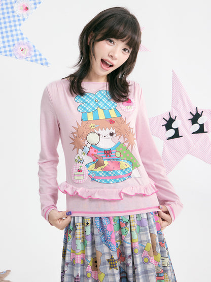 tntntutu - Pink Illustration Ruffle Long Sleeve Top shirt tntntutu