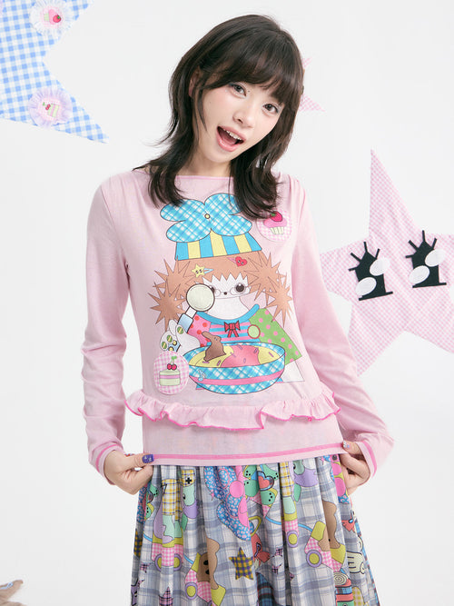 tntntutu - Pink Illustration Ruffle Long Sleeve Top shirt tntntutu