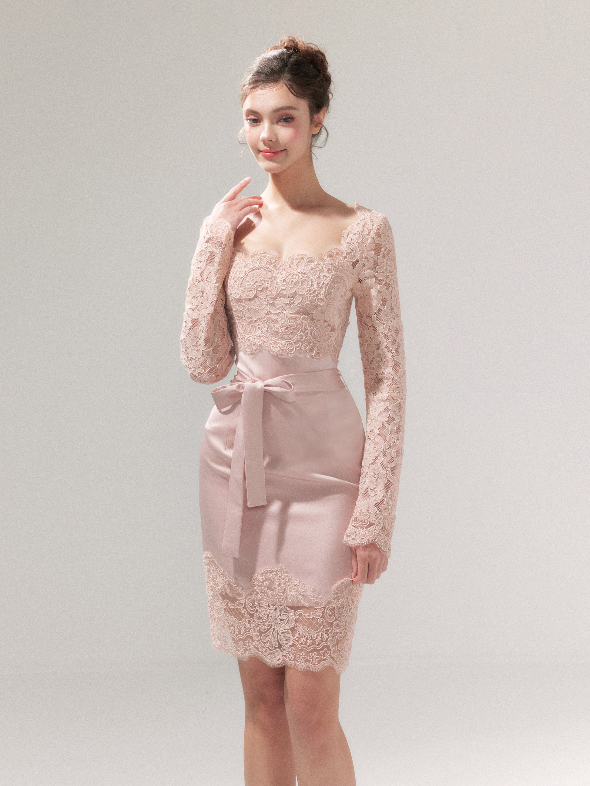YZZI HE - “Tulip Pink Mist” Satin Lace Bodycon Dress dress YZZI HE