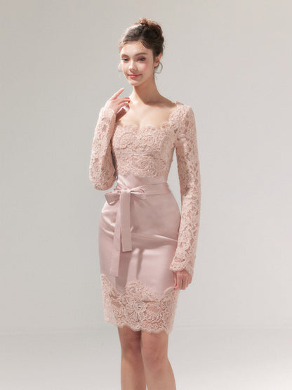 YZZI HE - “Tulip Pink Mist” Satin Lace Bodycon Dress dress YZZI HE