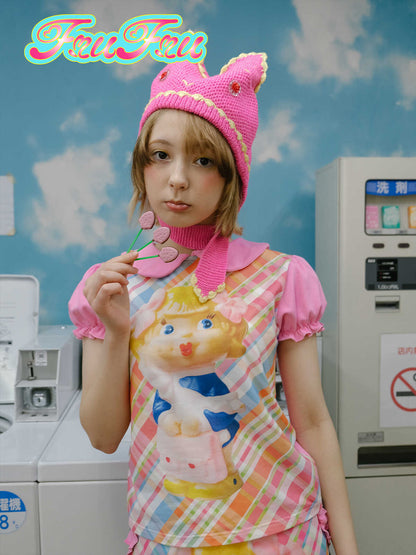 frufru Doll Collar T-Shirt | Toy Print Pink Tee | Puff Sleeve T-Shirt blouse frufru