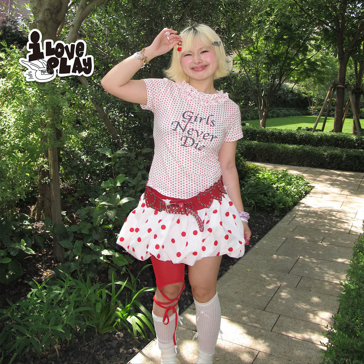 Loveplay - Y2K "Girls Never Die" Red Polka Dot Short Sleeve Top shirt loveplay