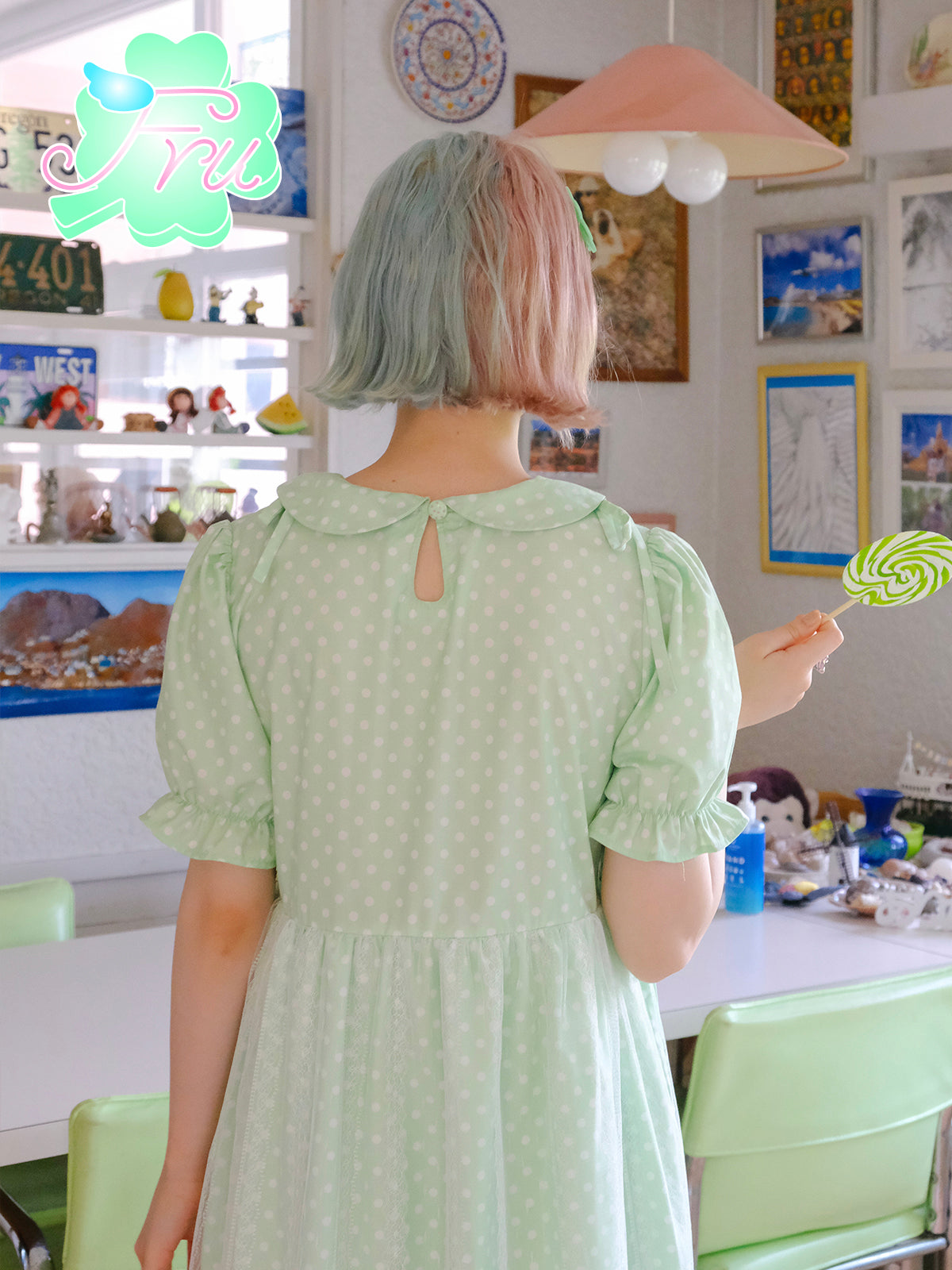 FruFru Summer Doll Collar Dress | Green Polka Dot Dress | Cotton Sleev Land Decora FruFru Summer Doll Collar Dress | Green Polka Dot Dress | Cotton Sleev Land Decora