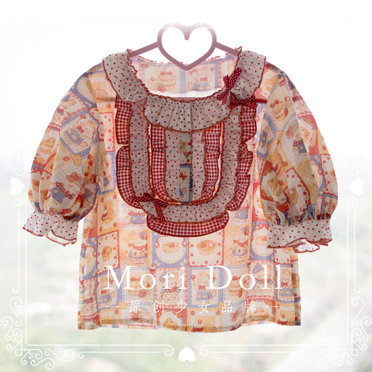 Mori Doll - Cat Print Plaid Cotton Blouse shirt Mori Doll S