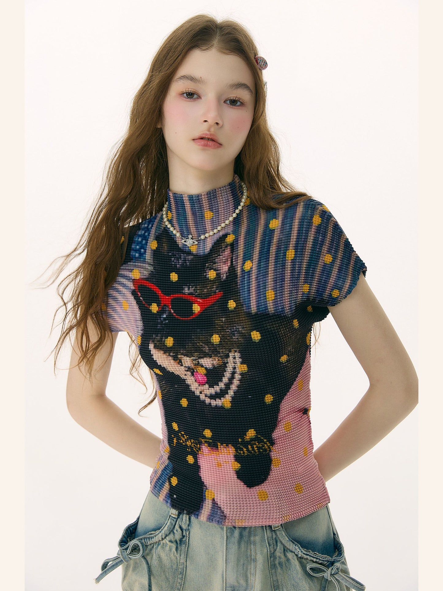 ziziFei - Polka Dot Party Cat Graphic Ruffle Tee tshirt ziziFei