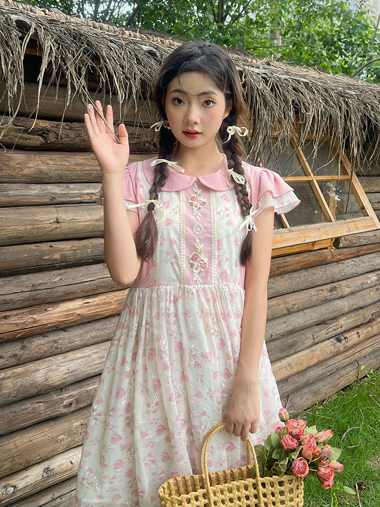 Mameya - Kawaii Pink Print Sleeveless Dress Ruffle Cap Sleeve Slim dress Mameya