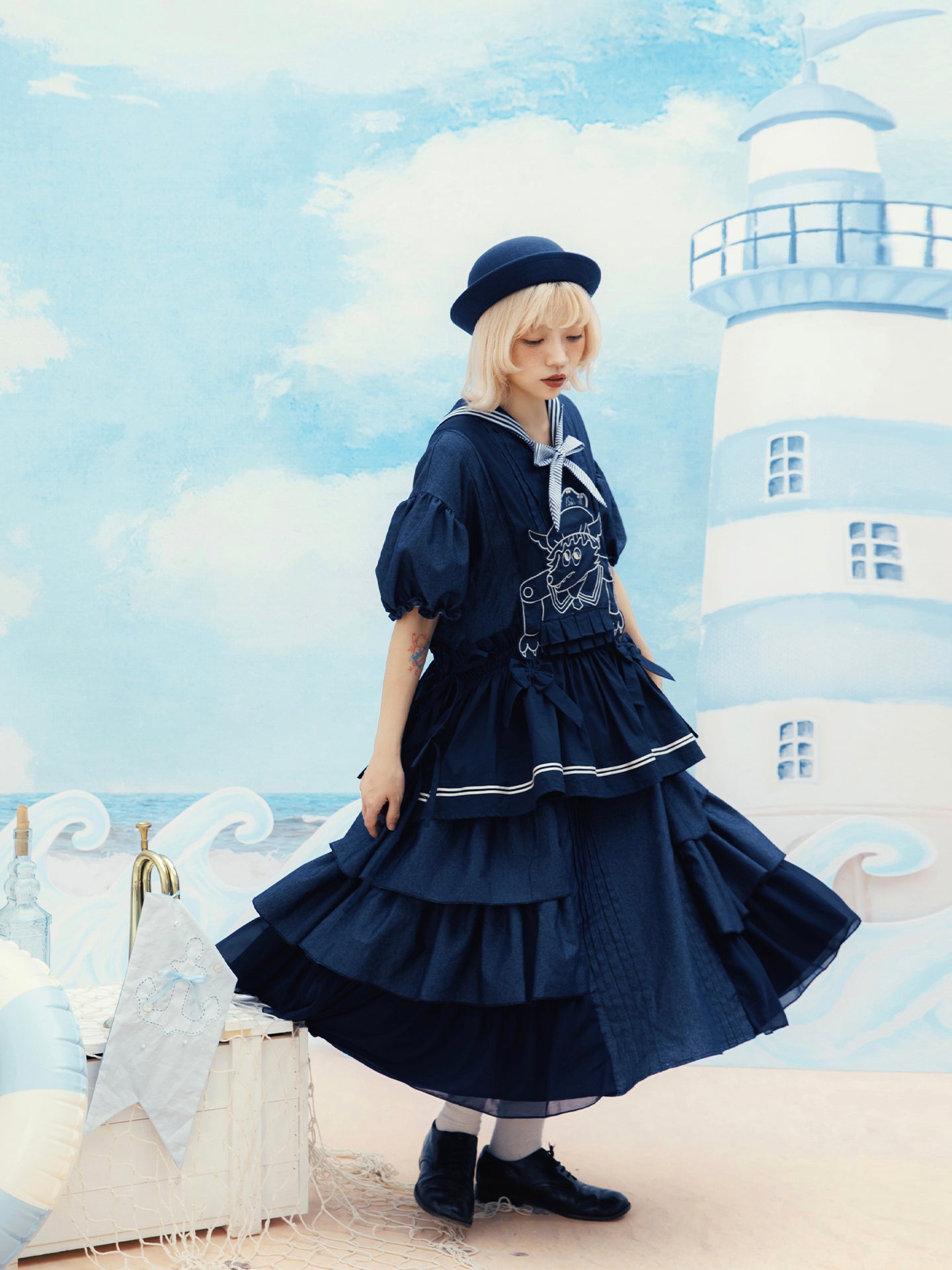 Meugler - Kawaii Dress Dark Denim Sailor Collar dress Meugler