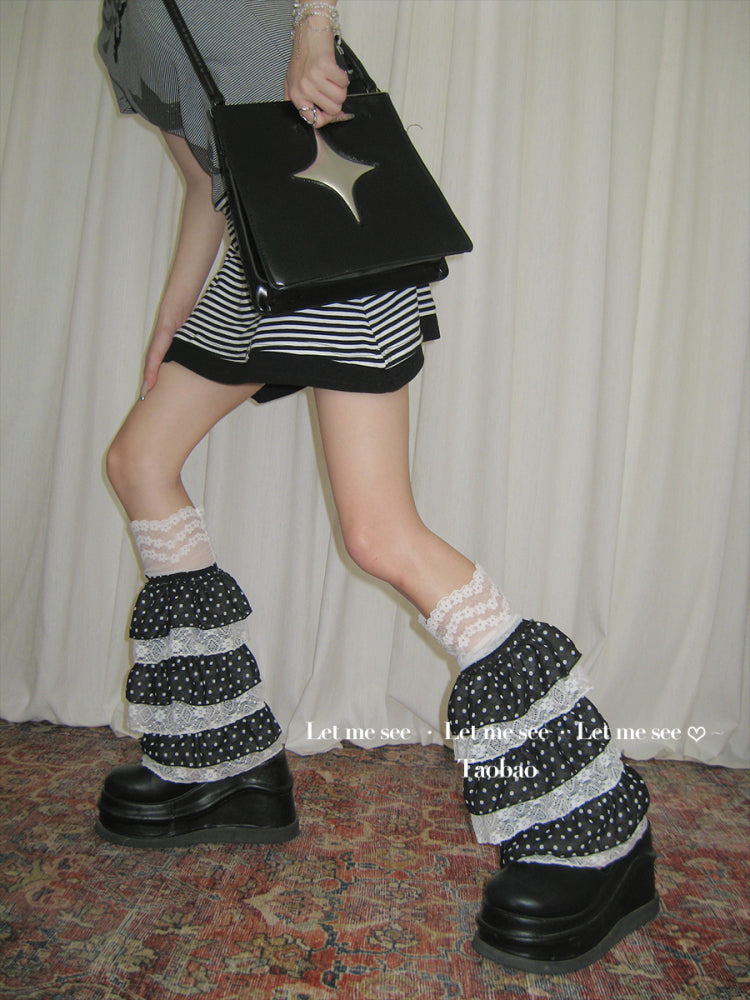 LET ME SEE Lace Polka Dot Leg Warmers | Lolita Layered Cake Socks for Girls leg warmmers let me see