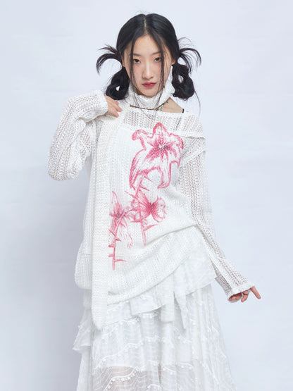 Harajuku Sweatshirt Beige Hollow-out Sweatshirt Printed Sweatshirt Casual Sweatshirt sweater Moon Meadow