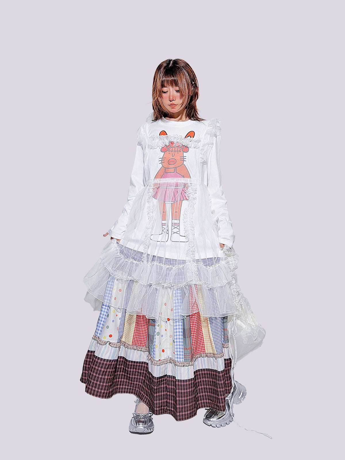 FANLOVEGIRL - Patchwork Polka Dot Tiered Midi Skirt skirt FANLOVEGIRL