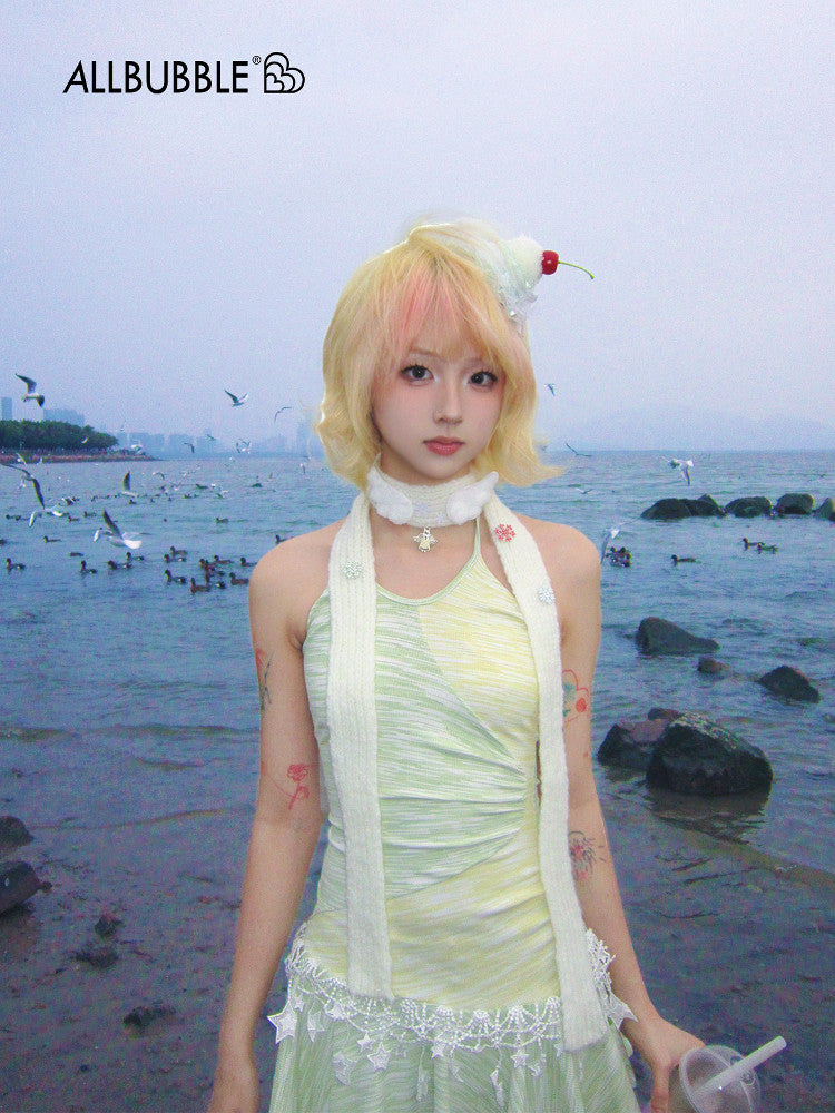 Allbubble - Yellow Green Star Halter Dress dress Allbubble