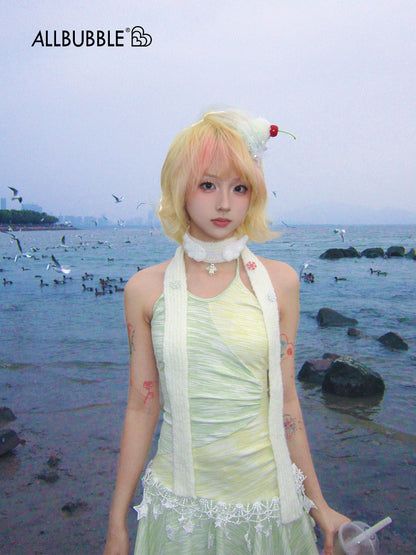 Allbubble - Yellow Green Star Halter Dress dress Allbubble