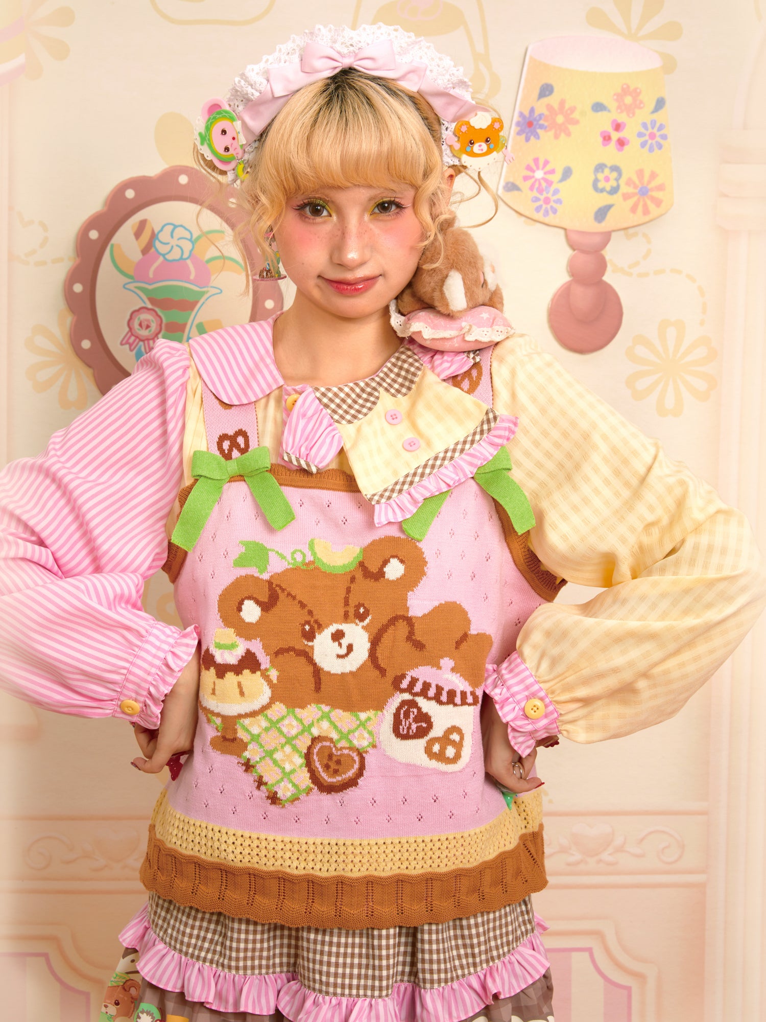 Lutra Jump - Decora Kei Pink Bear Tea Knit Tank Top tank top Lutra Jump
