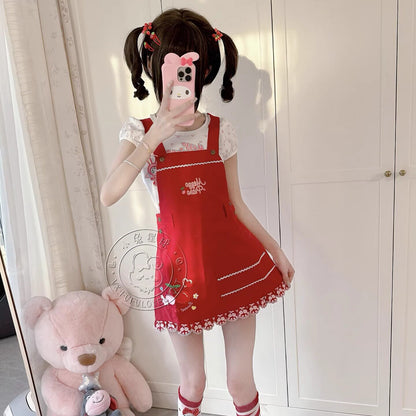 Bunny Planet - Jojifuku Cherry Red Embroidered Pinafore Dress dress bunnyplanet
