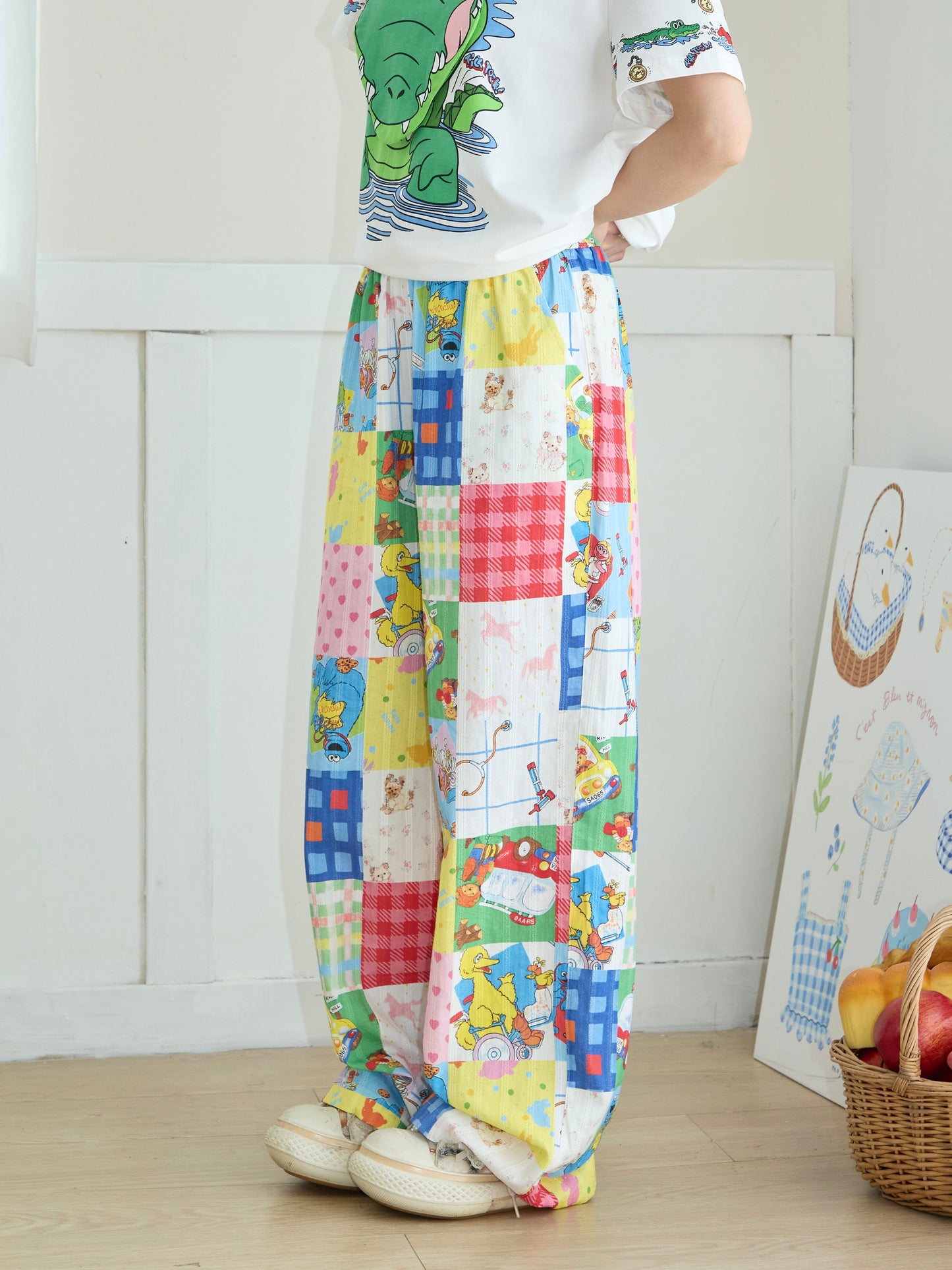Robootoo - Kawaii Patchwork Cartoon Print Wide Leg Pants pants Robootoo