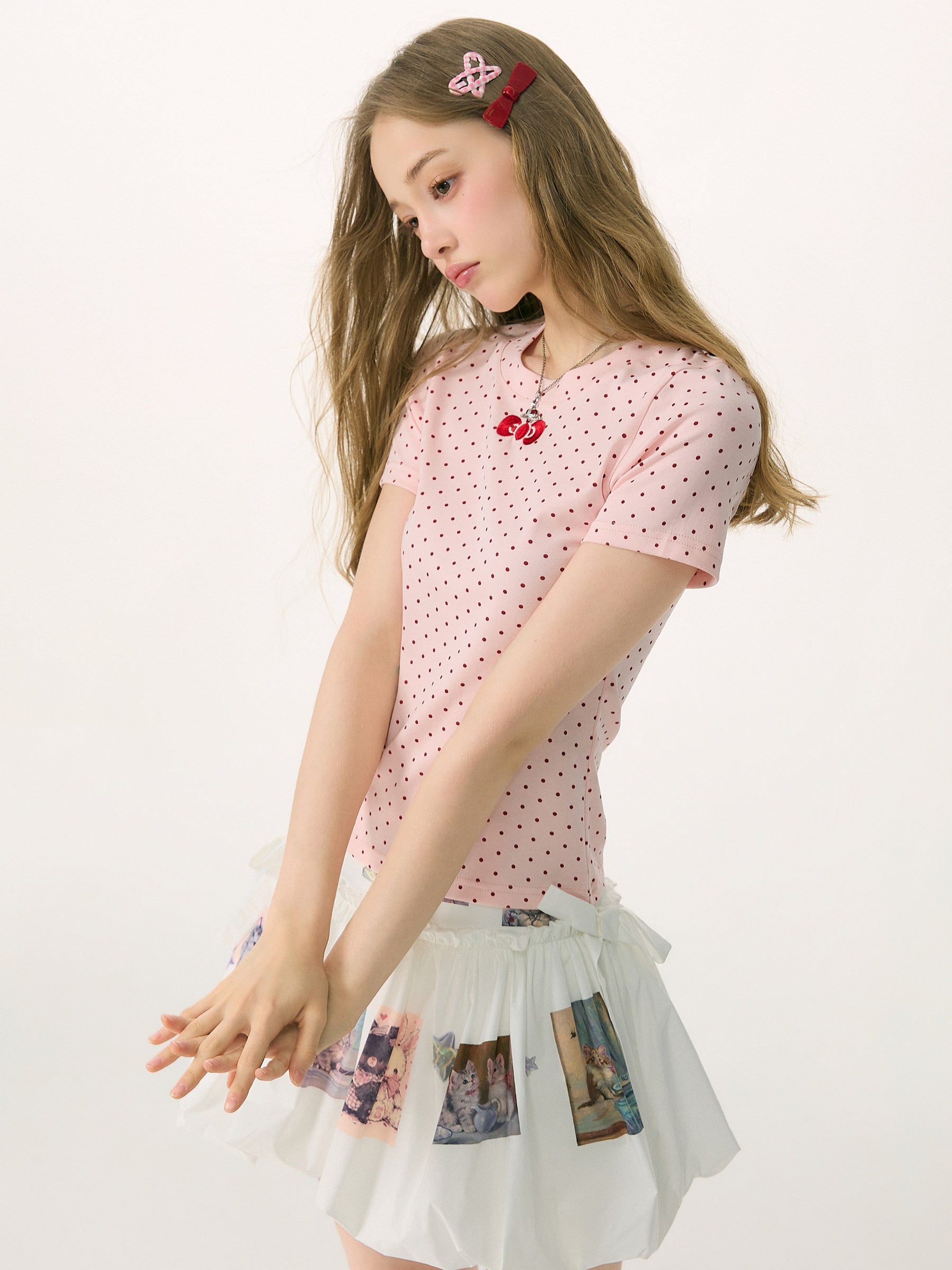 ziziFei - Sweet Dessert Bow Polka Dot Knit Tee tshirt ziziFei