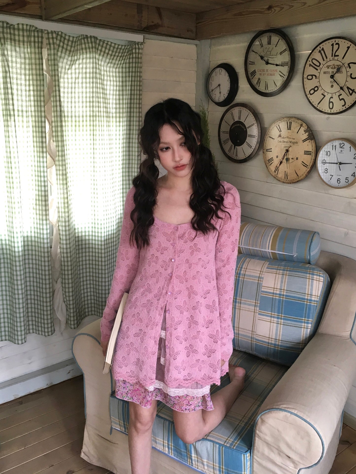 HIBABAO - Pink Butterfly Lace Cardigan Top cardigan HIBABAO