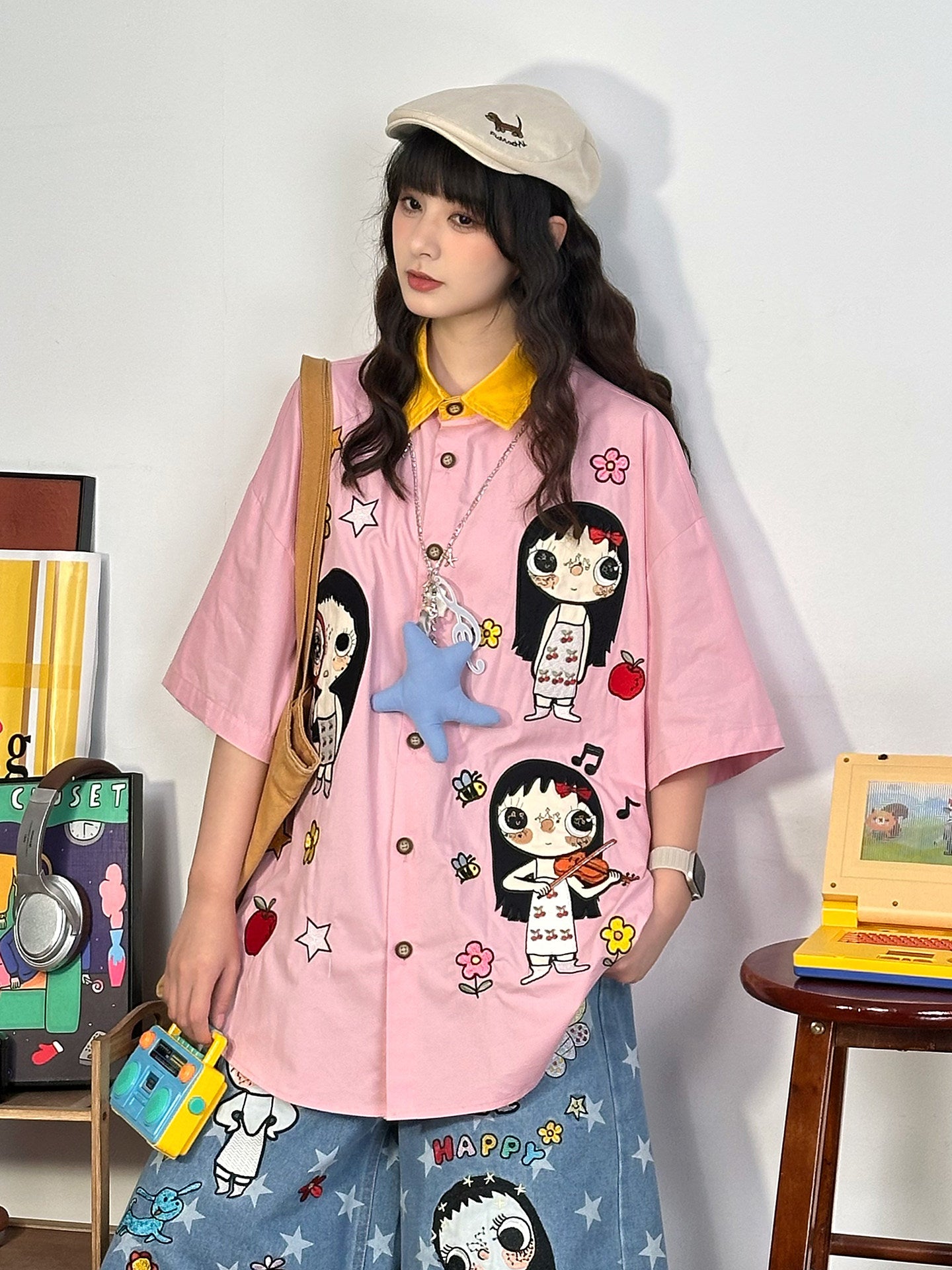 Pink Cartoon Embroidered Shirt shirt soldout