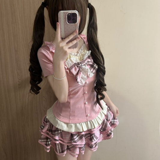 Blurred Bear - Lace Top Plaid Skirt Set set Blurred Bear