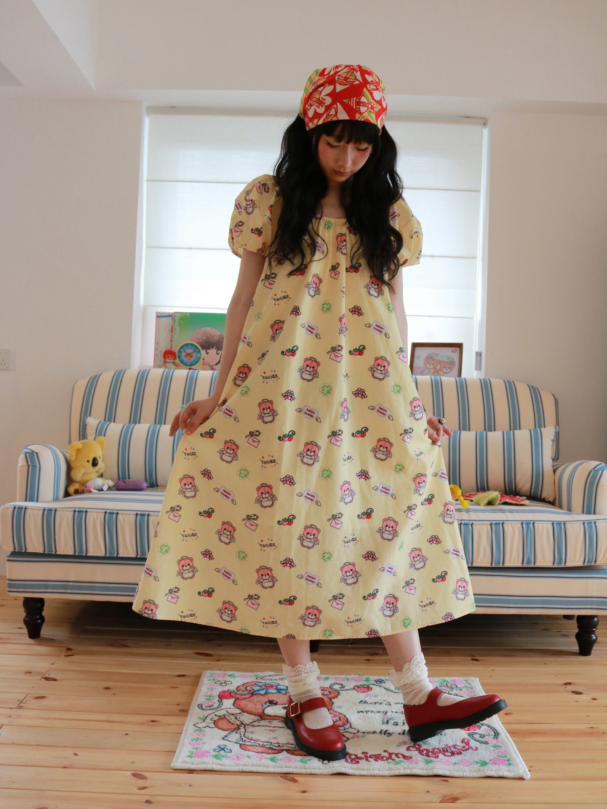 KaiXin Hostel - Bear Print Puff Sleeve Dress dress KaiXin hostel