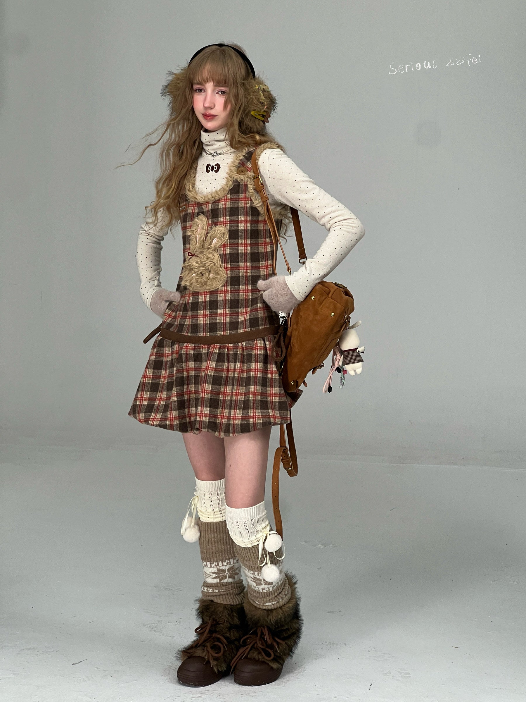 ziziFei - Brown Plaid Bunny Vest Dress dress ziziFei