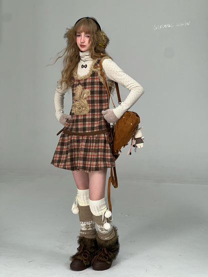 ziziFei - Brown Plaid Bunny Vest Dress dress ziziFei