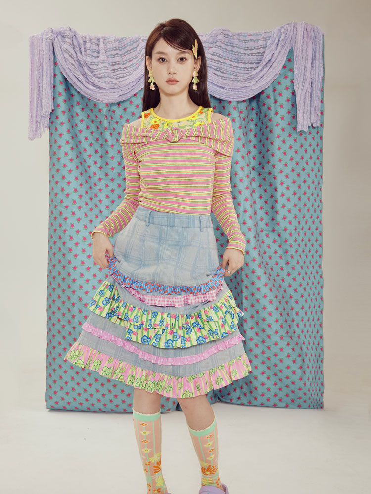 Tntntutu Skirt | Light Blue Lace Denim Skirt | Plaid A-Line High Waist Skirt skirt tntntutu