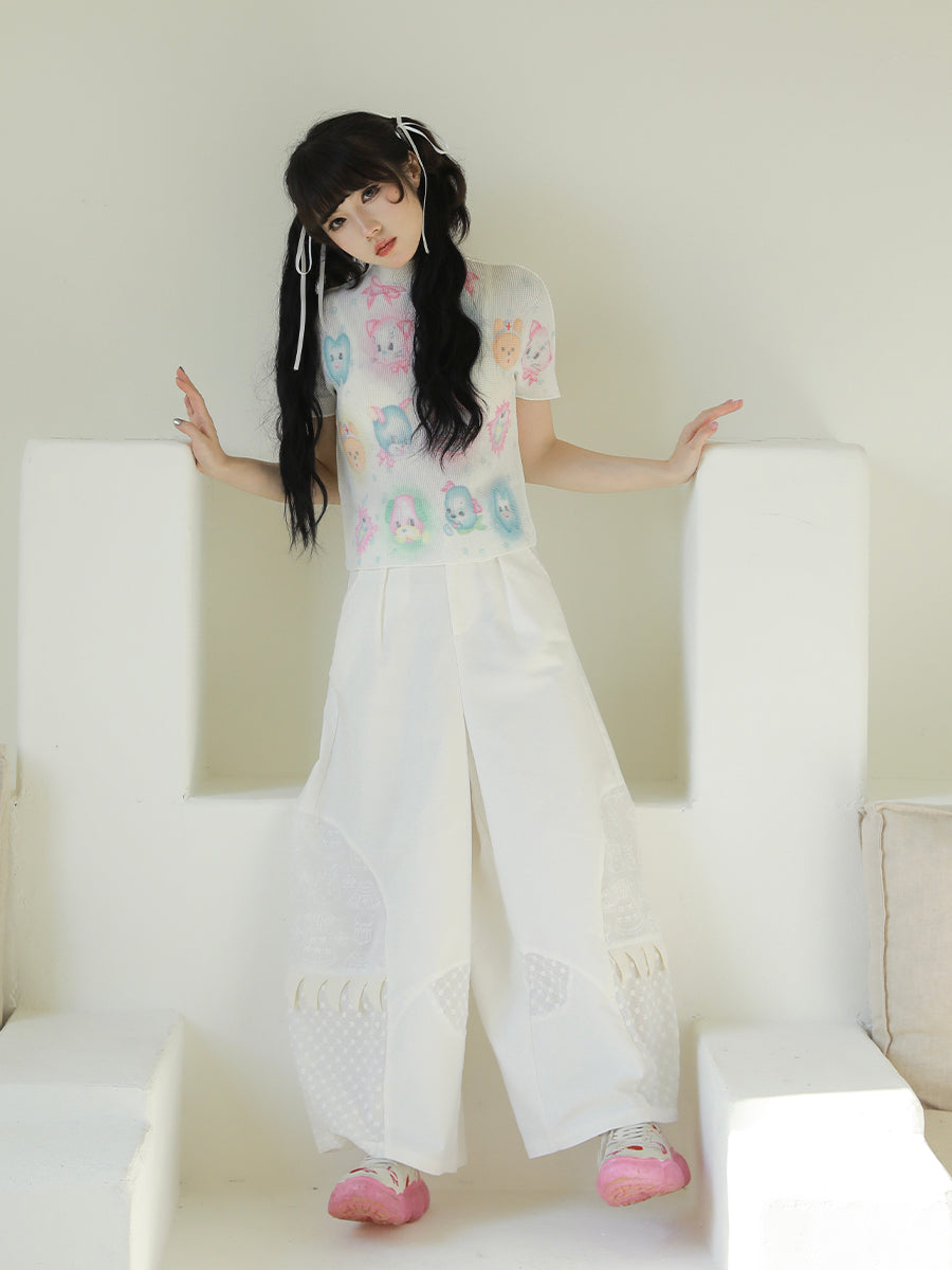 Meugler Multi-Fabric Patchwork Dog Face Pure White/Printed Casual Wide-Leg Pants pants Meugler