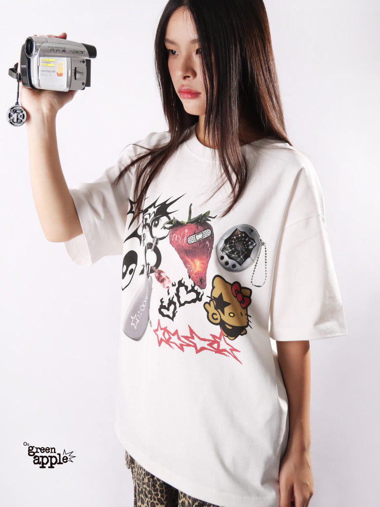 Oogreenapple - Kitty Collage Oversize White Tee tshirt Oogreenapple