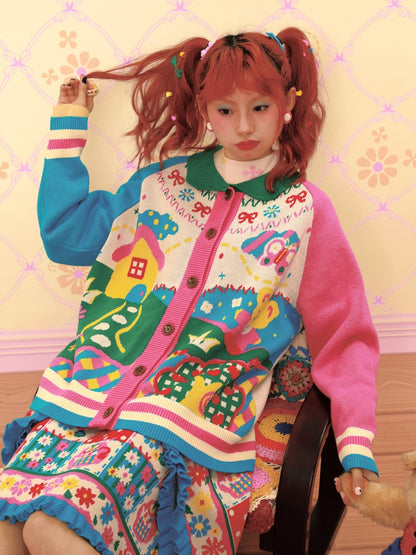 Lutra Jump Cardigan Cartoon Retro Cardigan Color-Blocked Collar Knitted Sweater cardigan Lutra Jump