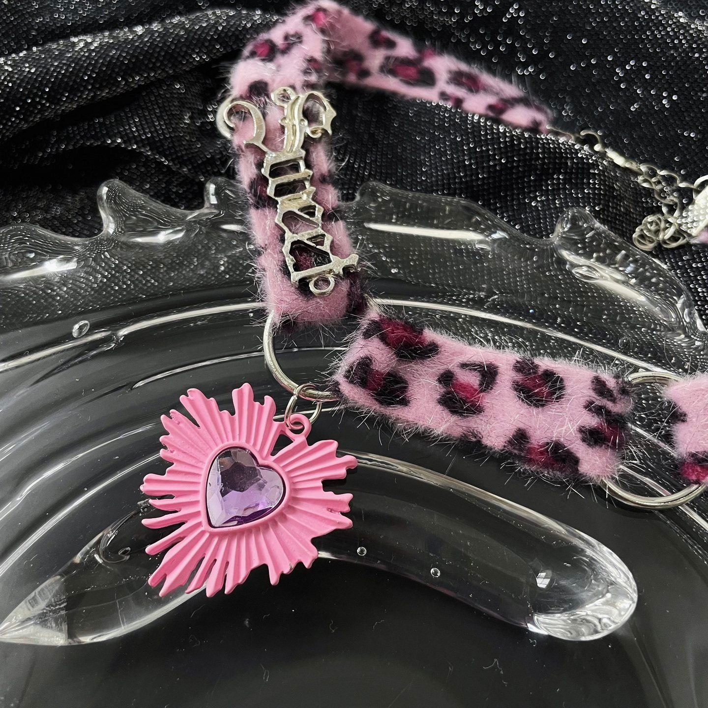 Pink Leopard Plush Heart Choker choker strangelab