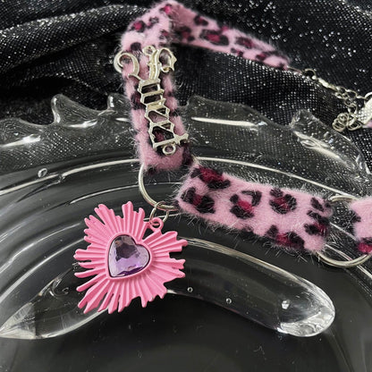 Pink Leopard Plush Heart Choker choker strangelab