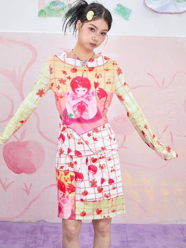 Moon Meadow – Y2K Mesh Cartoon Print Slim Top & Skirt Set set Moon Meadow