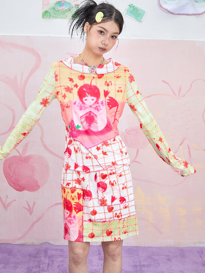 Moon Meadow – Y2K Mesh Cartoon Print Slim Top & Skirt Set set Moon Meadow