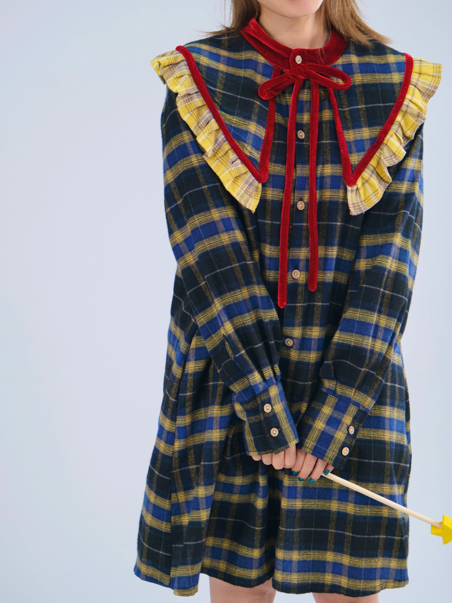 MeowMeow Bug - Vintage Plaid Bow Shirt Dress