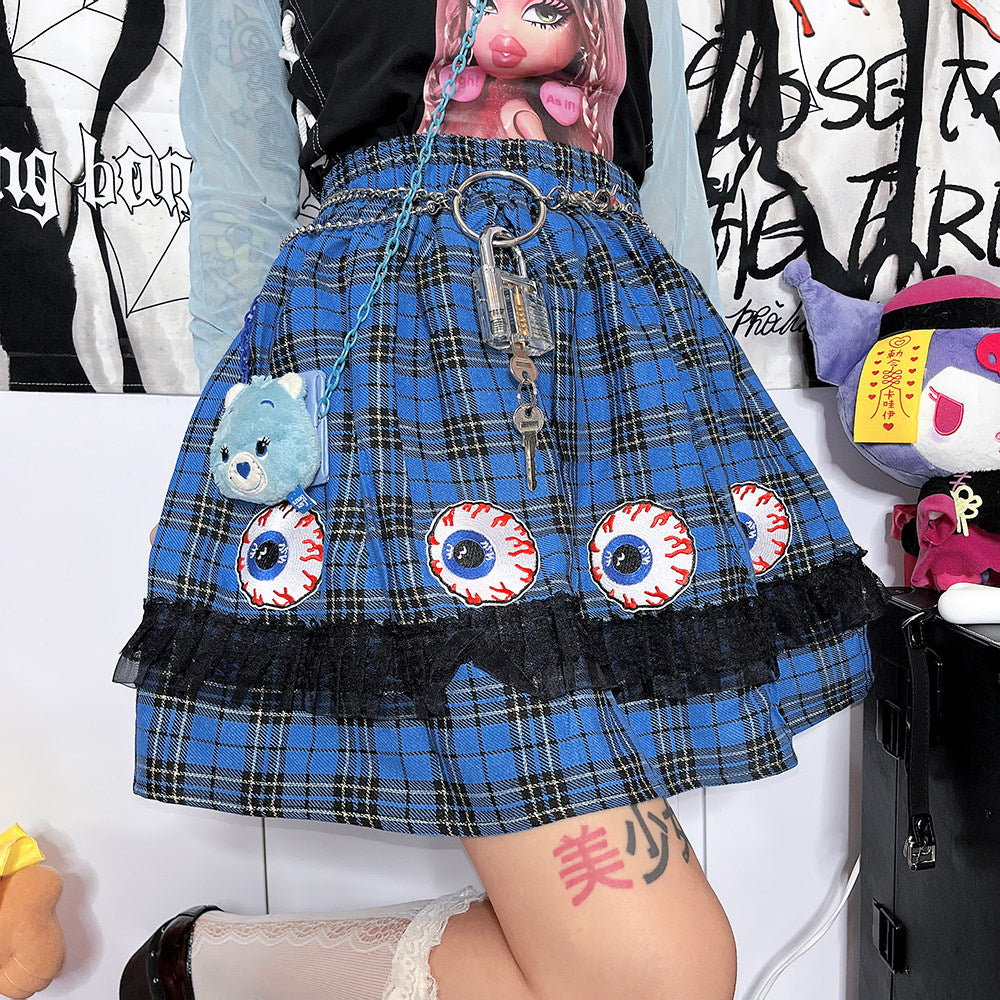 FANLOVEGIRL - Eye Embroidery Plaid Mini Skirt | Y2K Punk Harajuku Fashion skirt FANLOVEGIRL