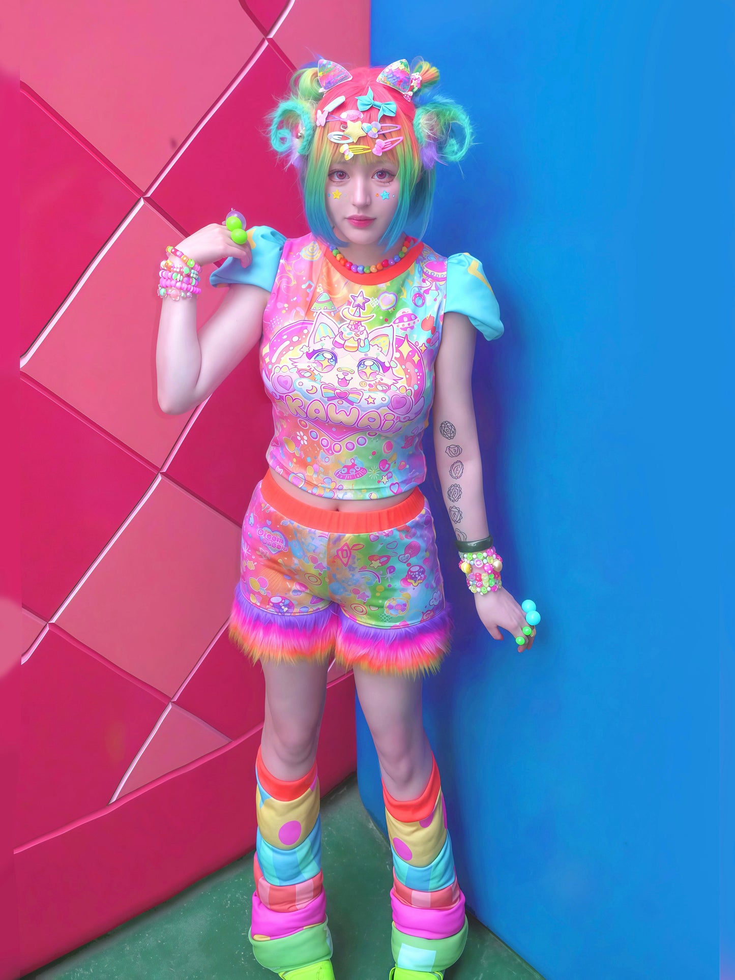 Dream Bubble Decora Set | Harajuku Rainbow Cat Padded Power Set set Dream Bubble The whole set (Top & Shorts & Leg Warmers)