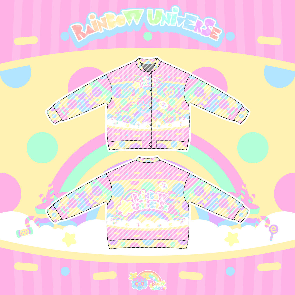 Rainbow Universe RUX - Pastel Macaron Decora Kei Varsity Jacket & Overalls Set set Rainbow Universe RUX Jacket (Regular) S