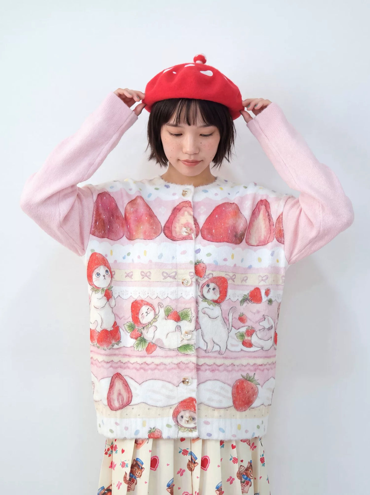 MeowMeow Bug - Strawberry Cake Cat Print Knit Cardigan cardigan MeowMeow Bug