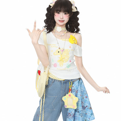 Languid Park - Floral Bow Off Shoulder Tee tshirt Languid Park Yellow S