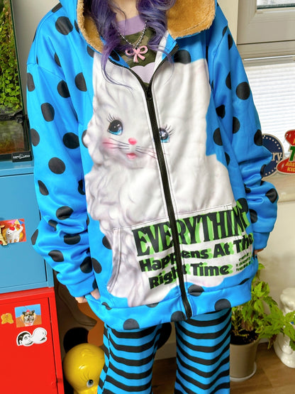 BunnyBunnyGun - Harajuku Polka Dot Oversized Fleece Zip Hoodie hoodie bunnybunnygun