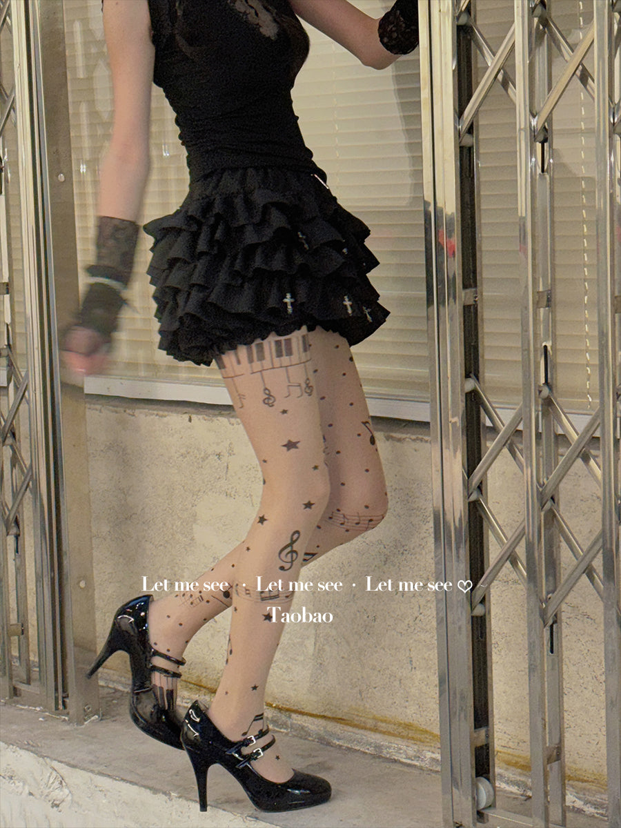 LET ME SEE Original Music Note Print Tights | Subculture Y2K Black Sheer Pantyhose tights let me see