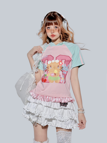 FANLOVEGIRL - Pink Sporty Lace Trim T-Shirt tshirt FANLOVEGIRL Pink Blue S